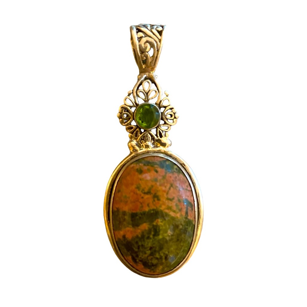 Pendant - sterling silver - Unakite and Peridot